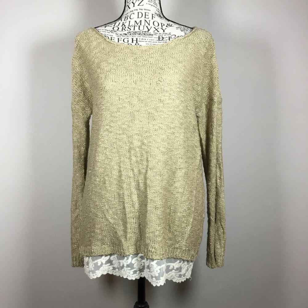 Hippie Rose golden tan loose knit cotton blend sweater cream lace hem sz L